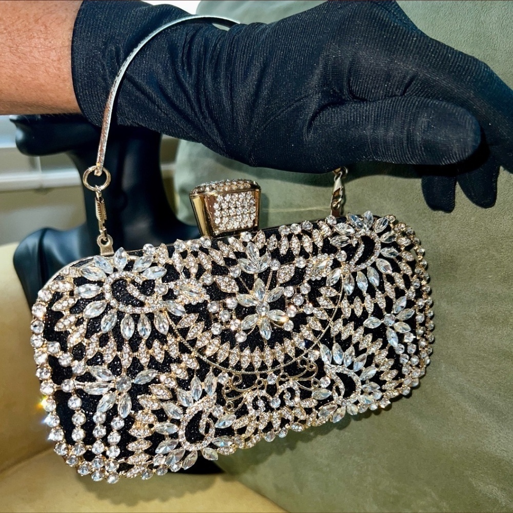Crystal Rhinestone Embellished Black Evening Bag w/Handle & Chain Strap NWT - Picture 15 of 16